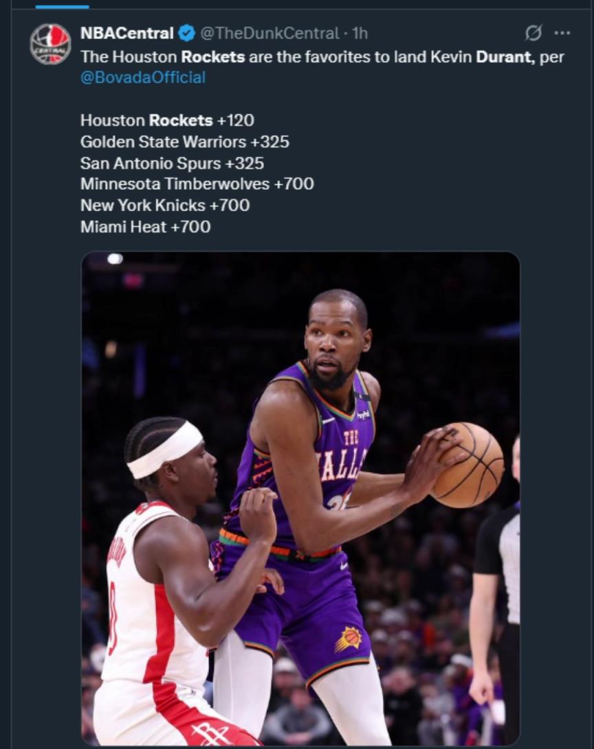 難道說？美媒曬杜蘭特下家賠率，火箭大幅度領(lǐng)跑！